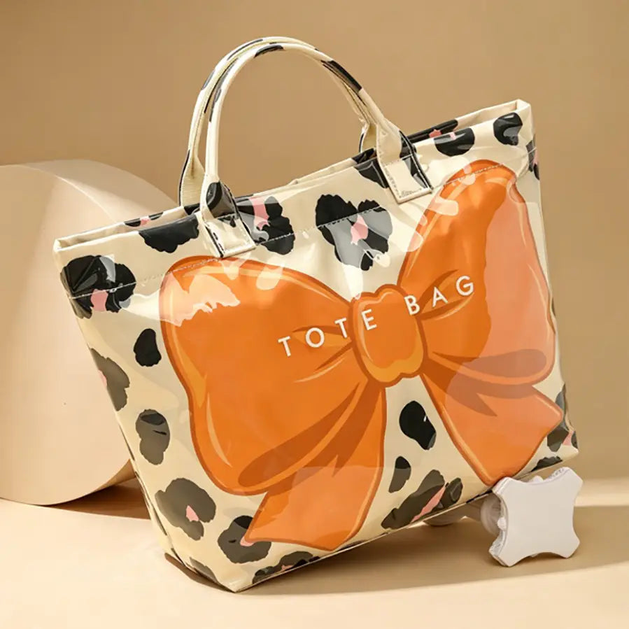 Leopard Bow Large Capacity Pvc Tote Bag, Glossy Handbag