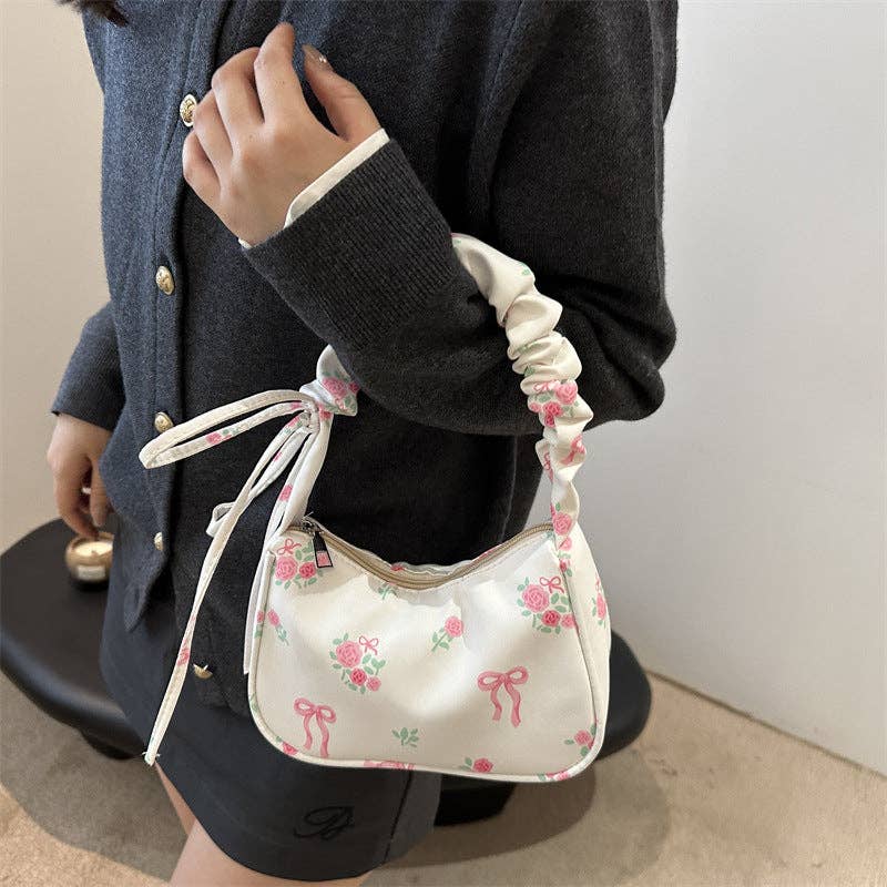 Large Capacity Floral Shoulder Bag Sweet Commuter Purse: White