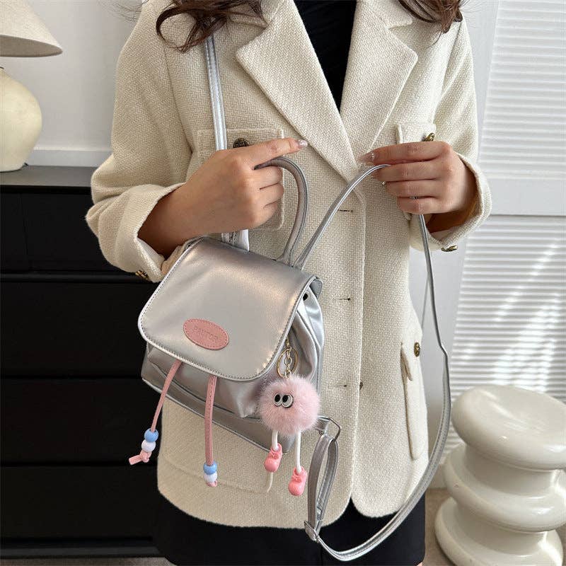 Retro Fashion Solid Color Backpack for Women Casual Travel: Brown / With Accessories