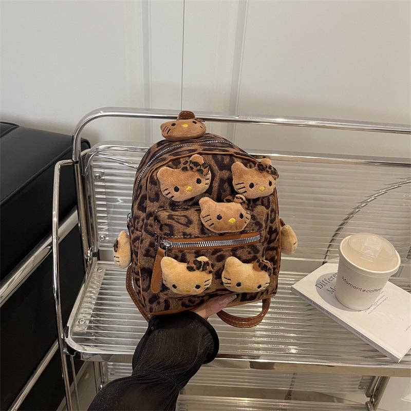 Trendy Leopard Print Plush Backpack Portable Outdoor Travel: Brown With Pendant