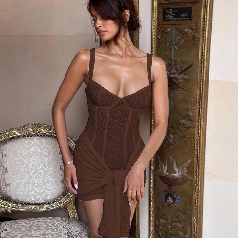 Vestido ajustado sexy de encaje con cuello en V, abertura y lazo en la cintura