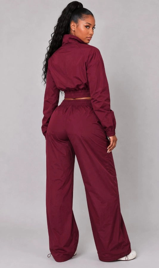 Contrast Piping Cropped Windbreaker & Wide-Leg Pants Set