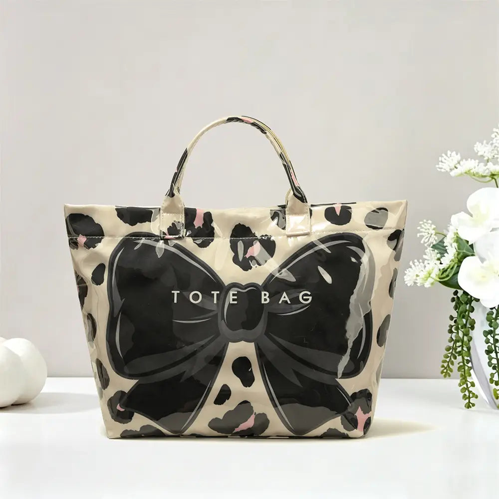 Leopard Bow Large Capacity Pvc Tote Bag, Glossy Handbag