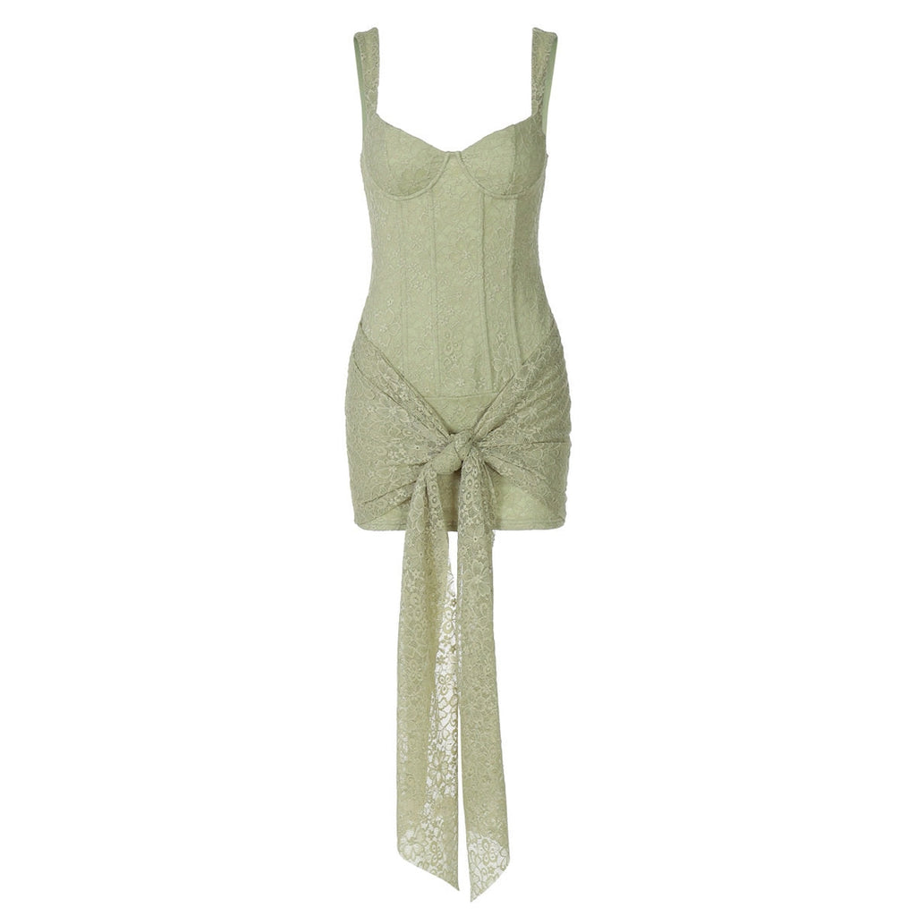 Vestido ajustado sexy de encaje con cuello en V, abertura y lazo en la cintura
