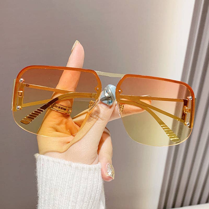 Stylish Metal Half-Frame Pilot Sunglasses for Men and Women: Gold Frame With Orange Lens