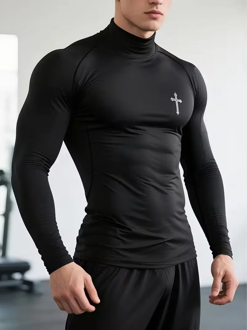 Men's Compression Training Shirt, Spider Design - High-Elasticity Moisture-Wicking Long Sleeve Top, Suitable for Gym, Running, Basketball, and Training | Breathable Stretch Fabric, Slim Fit Stand-Up Collar, Black with Cross Pattern, Gym Apparel