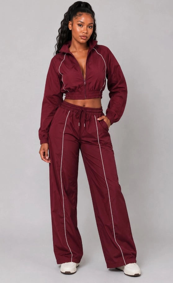 Contrast Piping Cropped Windbreaker & Wide-Leg Pants Set