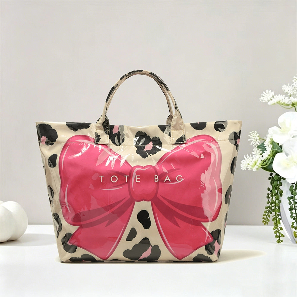 Leopard Bow Large Capacity Pvc Tote Bag, Glossy Handbag