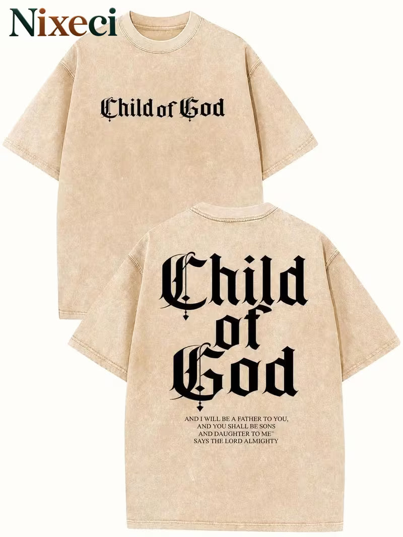 Nixeci Teen 230G Washed Cotton T-Shirt, of God Wording, of God AND I WILL BE A FATHER to YOU, AND YOU SHALL BE SONS AND, Gothic Blackletter Typography, Double-Sided Print, Daily Wear, for Thanksgiving, Christmas and Valentine's Day, for Teenager