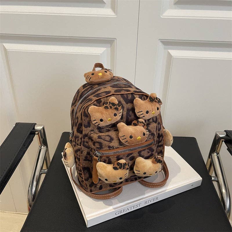 Trendy Leopard Print Plush Backpack Portable Outdoor Travel: Brown With Pendant